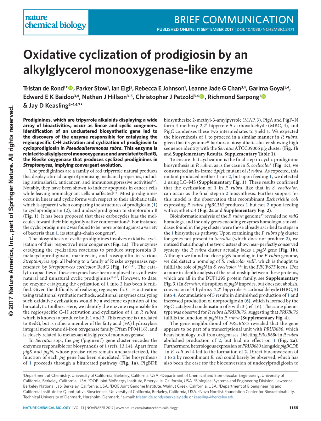 Oxidative Cyclization of Prodigiosin by an Alkylglycerol Monooxygenase-Like Enzyme