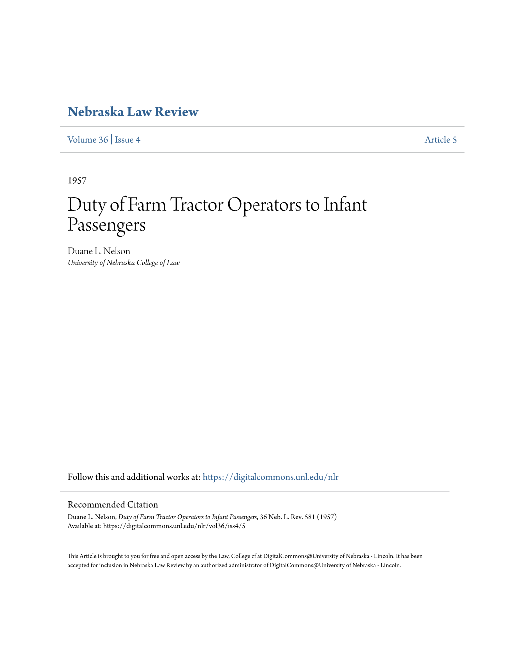 Duty of Farm Tractor Operators to Infant Passengers Duane L