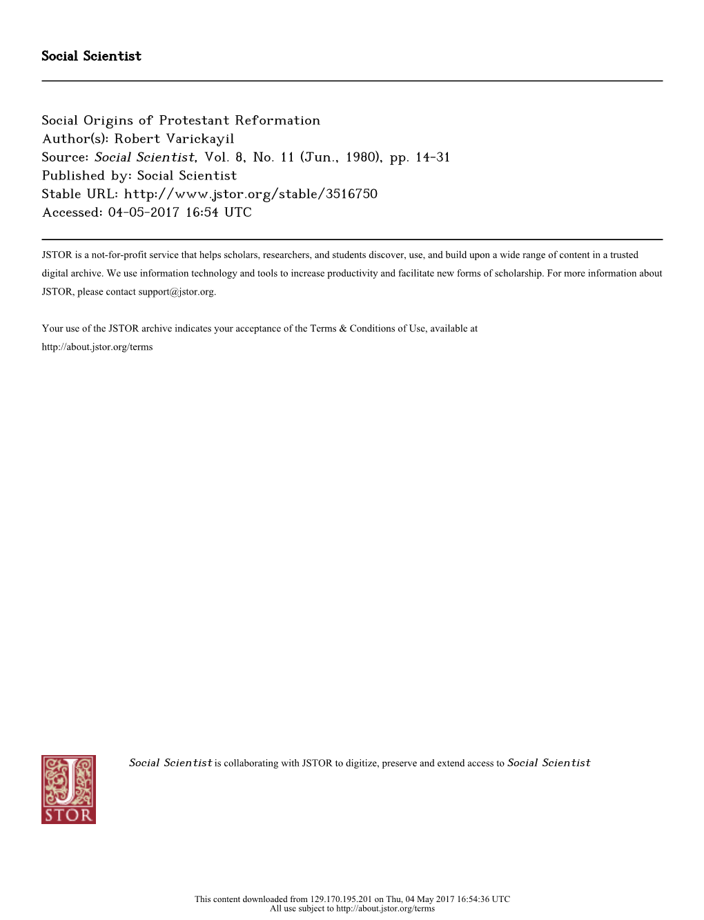 Social Origins of Protestant Reformation Author(S): Robert Varickayil Source: Social Scientist, Vol