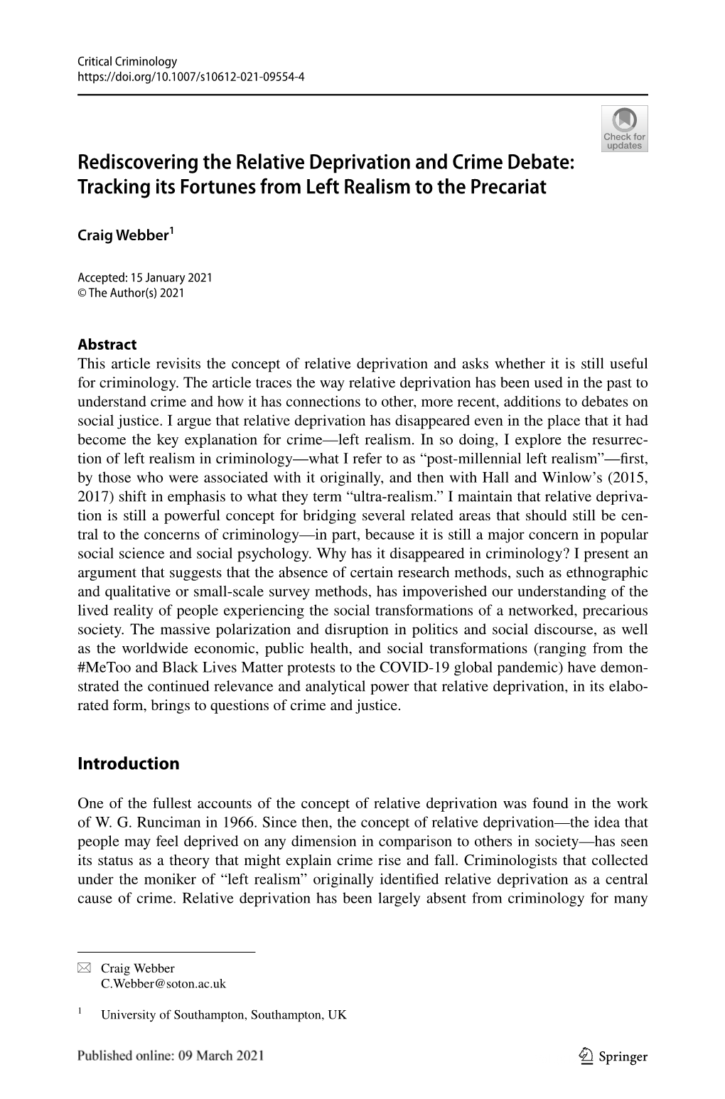 Rediscovering the Relative Deprivation and Crime Debate: Tracking Its Fortunes from Left Realism to the Precariat