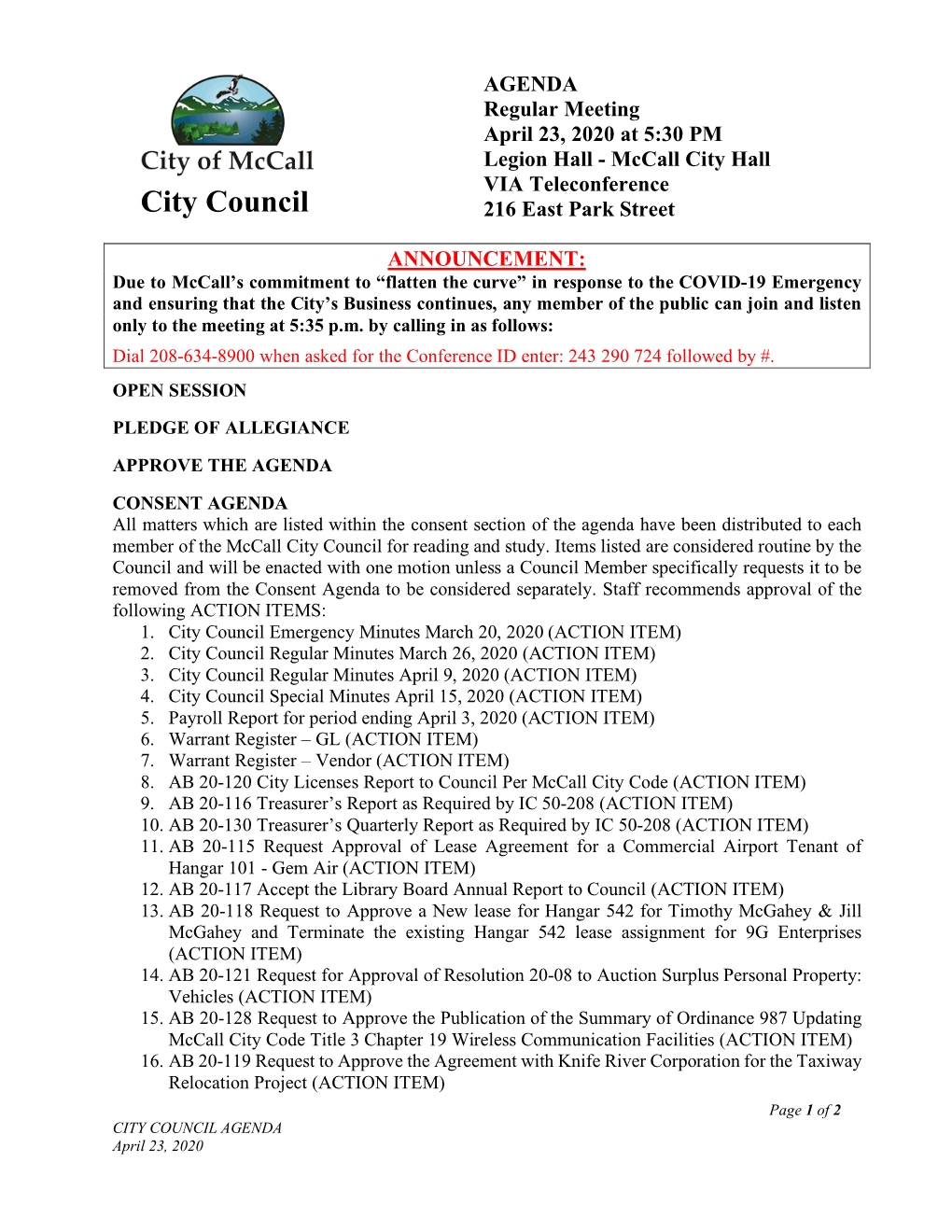 2020.04.23 Regular Council Meeting Packet W Agenda
