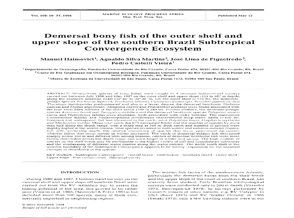 Demersal Bony Fish of the Outer Shelf and Upper Slope of the Southern Brazil Subtropical Convergence Ecosystem