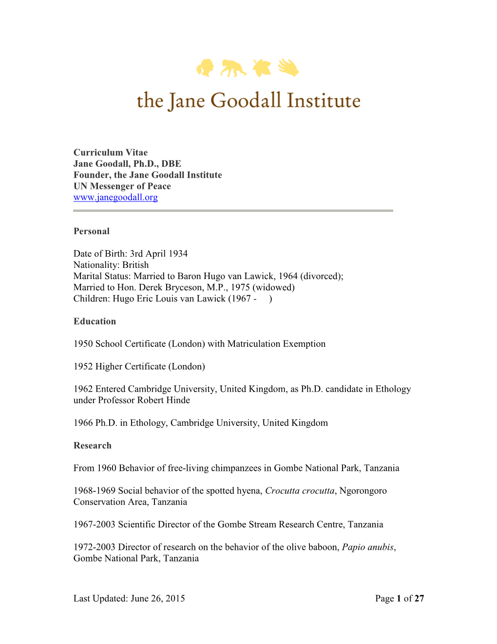 Jane Goodall Institute UN Messenger of Peace
