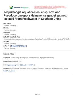 Keqinzhangia Aquatica Gen. Et Sp. Nov. and Pseudocoronospora Hainanense Gen