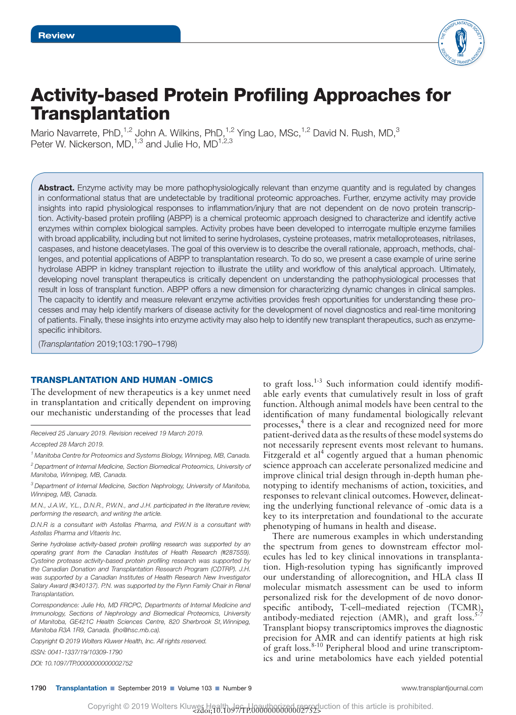 Activity-Based Protein Profiling Approaches for Transplantation Mario Navarrete, Phd,1,2 John A