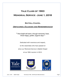 Yale Class of 1963 Memorial Service - June 1, 2018