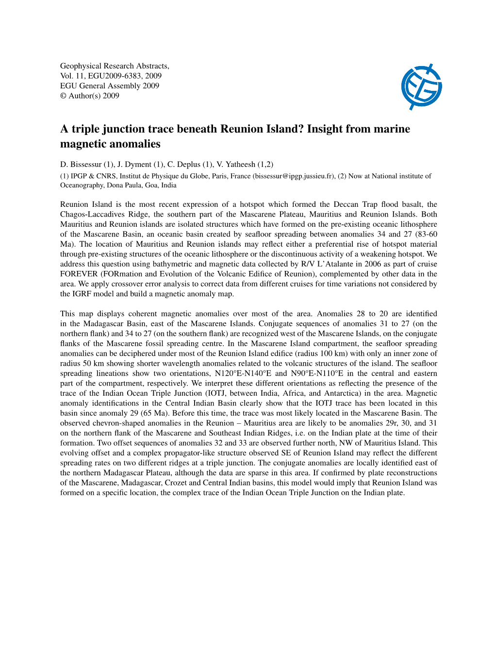 A Triple Junction Trace Beneath Reunion Island? Insight from Marine Magnetic Anomalies