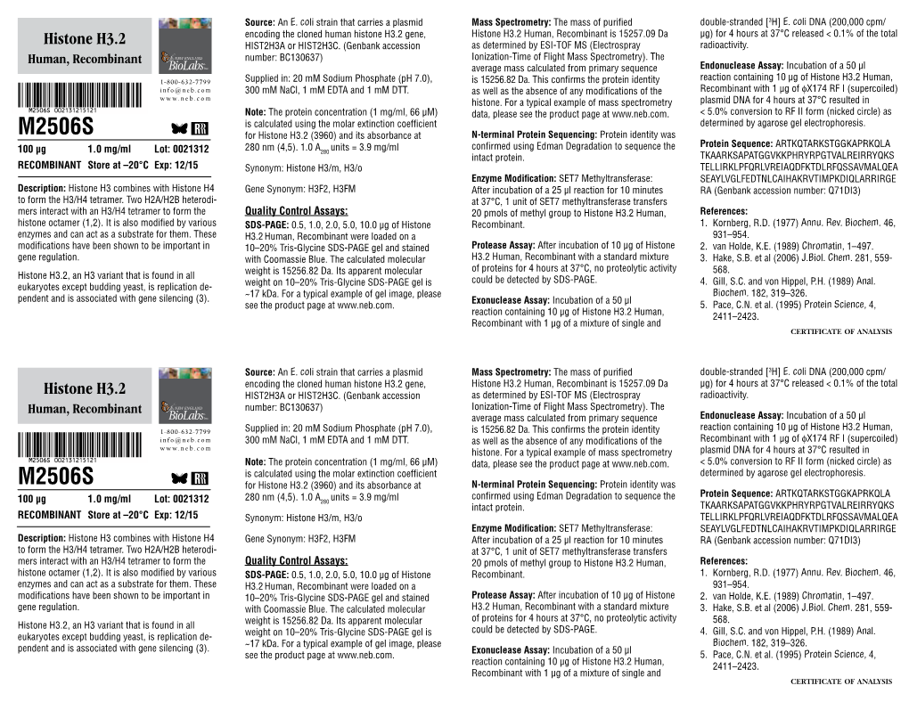 Datasheet for Histone H3.2 Human, Recombinant (M2506; Lot 0021312)