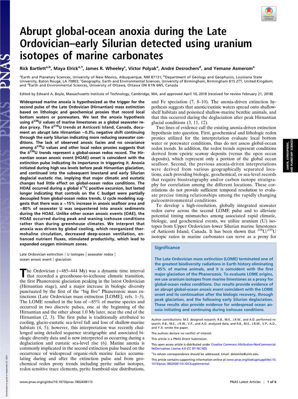 Abrupt Global-Ocean Anoxia During the Late Ordovician–Early Silurian Detected Using Uranium Isotopes of Marine Carbonates