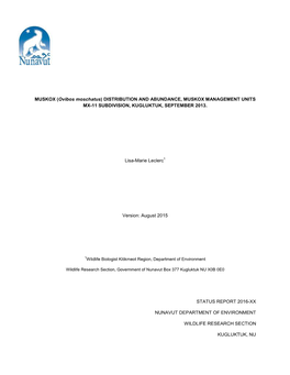 MUSKOX (Ovibos Moschatus) DISTRIBUTION and ABUNDANCE, MUSKOX MANAGEMENT UNITS MX-11 SUBDIVISION, KUGLUKTUK, SEPTEMBER 2013
