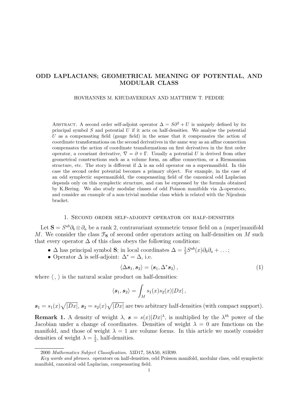 Odd Laplacians; Geometrical Meaning of Potential, and Modular Class