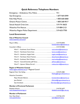 Quick Reference Telephone Numbers