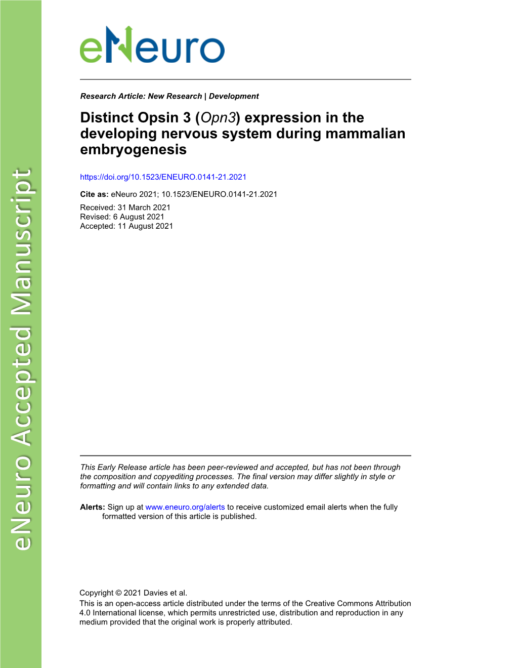 Distinct Opsin 3 (Opn3) Expression in the Developing Nervous System During Mammalian Embryogenesis