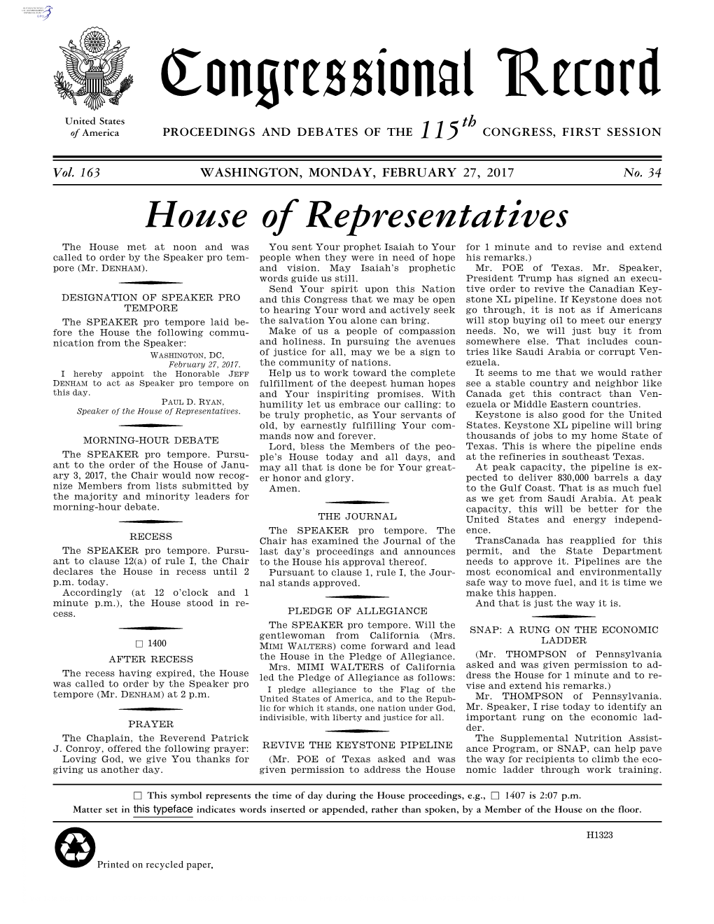 Congressional Record United States Th of America PROCEEDINGS and DEBATES of the 115 CONGRESS, FIRST SESSION