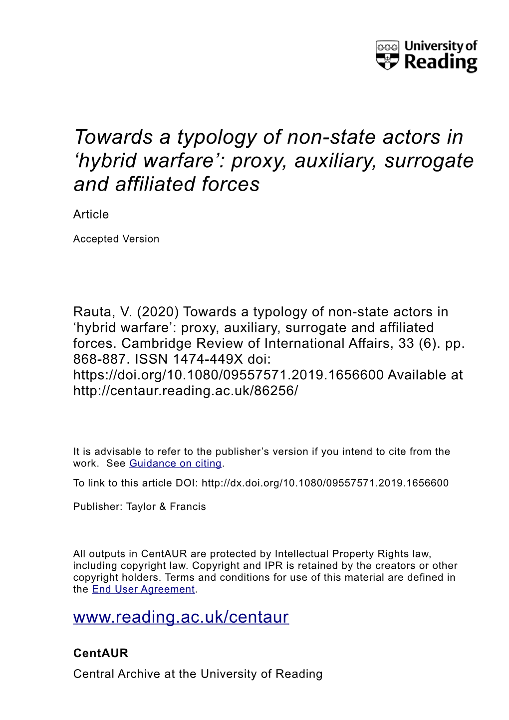Towards a Typology of Non-State Actors in 'Hybrid Warfare'