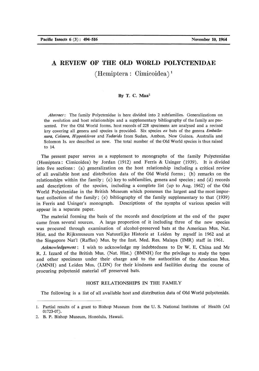 REVIEW of the OLD WORLD POLYCTENIDAE (Hemiptera: Cimicoidea) L