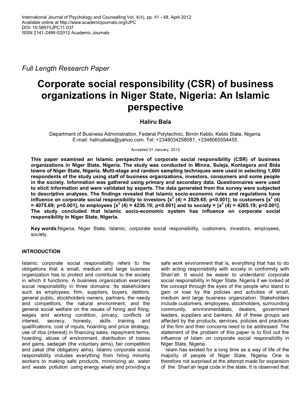 Of Business Organizations in Niger State, Nigeria: an Islamic Perspective