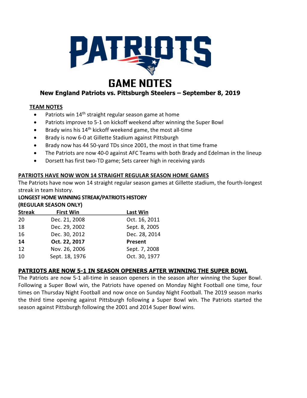 Patriots at Philadelphia Game Notes