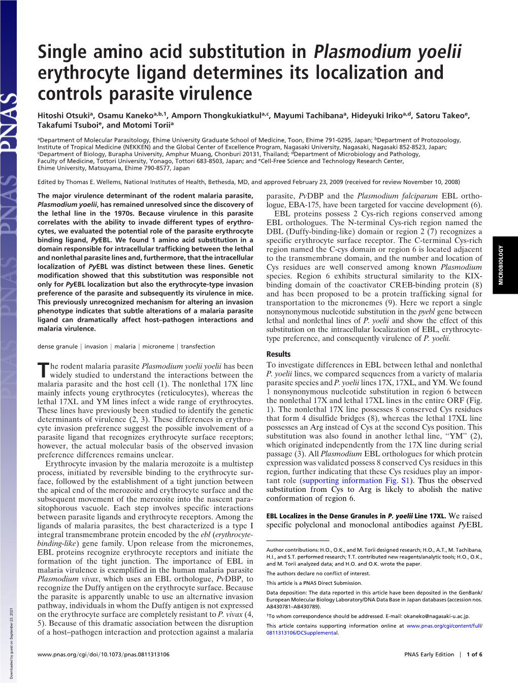 Single Amino Acid Substitution in Plasmodium Yoelii Erythrocyte Ligand Determines Its Localization and Controls Parasite Virulence