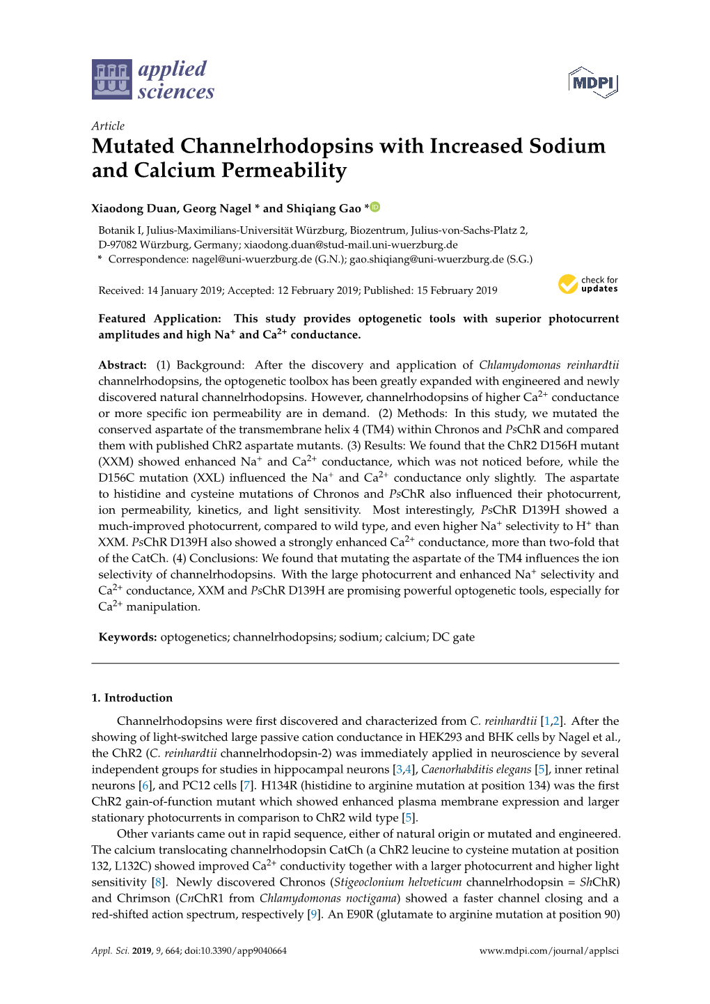 Mutated Channelrhodopsins with Increased Sodium and Calcium Permeability