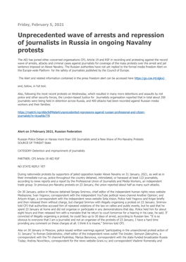 Unprecedented Wave of Arrests and Repression of Journalists in Russia in Ongoing Navalny Protests