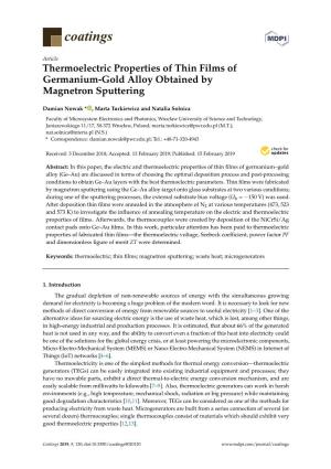 Thermoelectric Properties of Thin Films of Germanium-Gold Alloy Obtained by Magnetron Sputtering