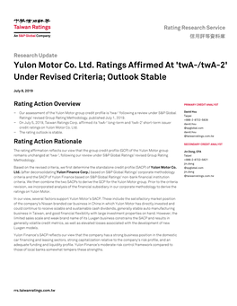 Yulon Motor Co. Ltd. Ratings Affirmed at 'Twa-/Twa-2' Under Revised Criteria; Outlook Stable