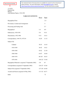 11/10/20 Engineering Physics John Bardeen Papers, 1910-1991 TABLE of CONTENTS Boxes Pages Biographical Note 2-3 Provenance, Cont