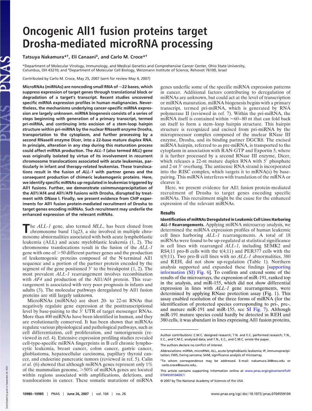 Oncogenic All1 Fusion Proteins Target Drosha-Mediated Microrna Processing