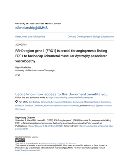 FSHD Region Gene 1 (FRG1) Is Crucial for Angiogenesis Linking FRG1 to Facioscapulohumeral Muscular Dystrophy-Associated Vasculopathy