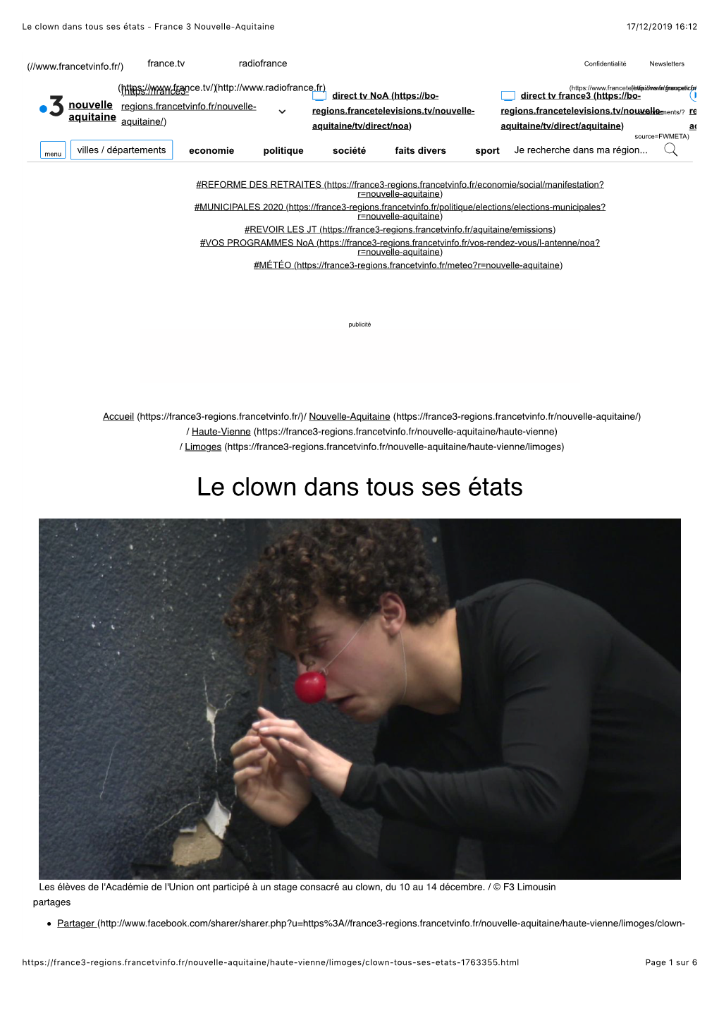 Le Clown Dans Tous Ses États - France 3 Nouvelle-Aquitaine 17/12/2019 16:12