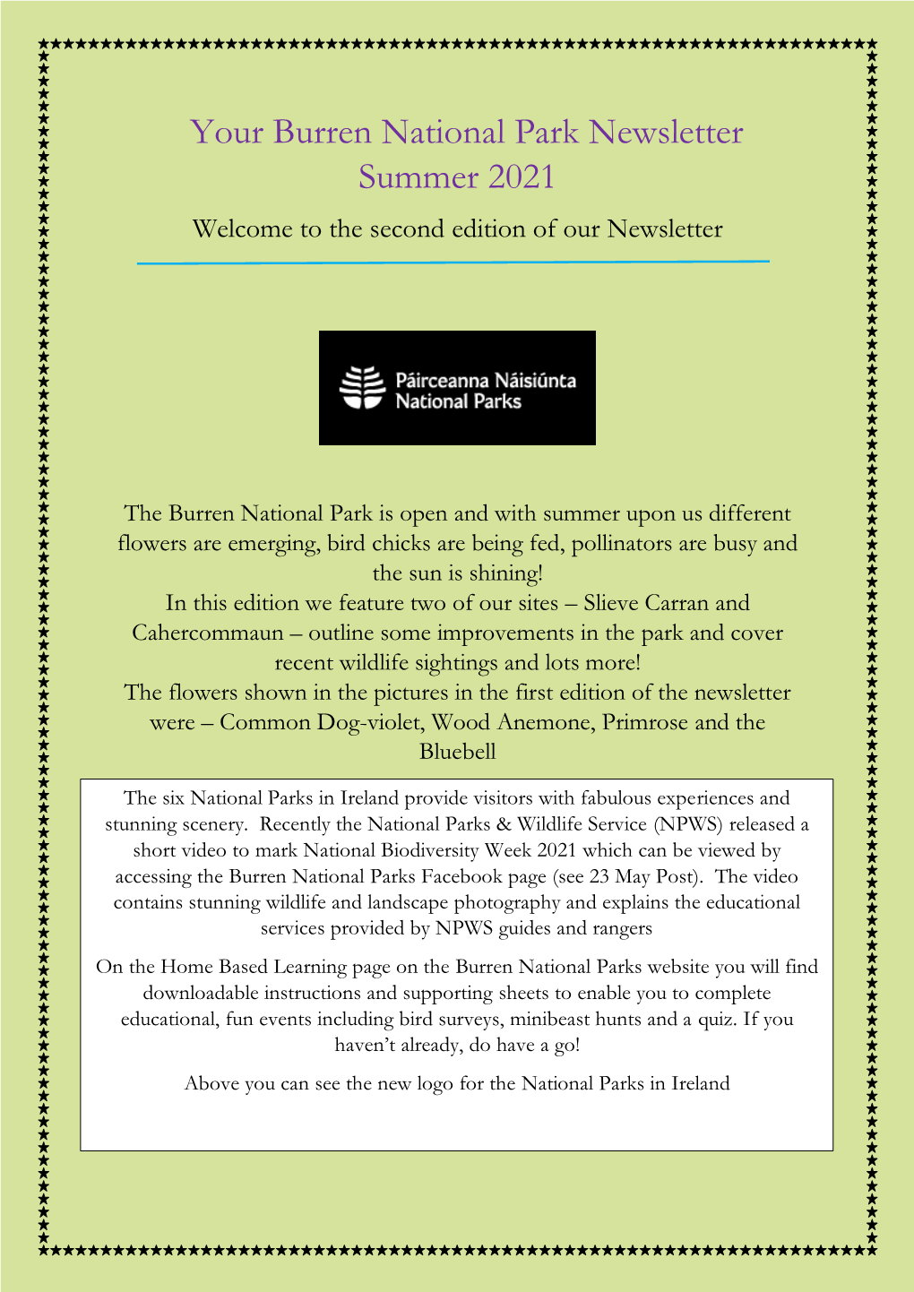 Your Burren National Park Newsletter Summer 2021 Welcome to the Second Edition of Our Newsletter