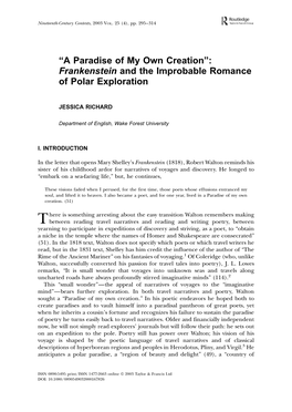 “A Paradise of My Own Creation”: Frankenstein and the Improbable Romance of Polar Exploration