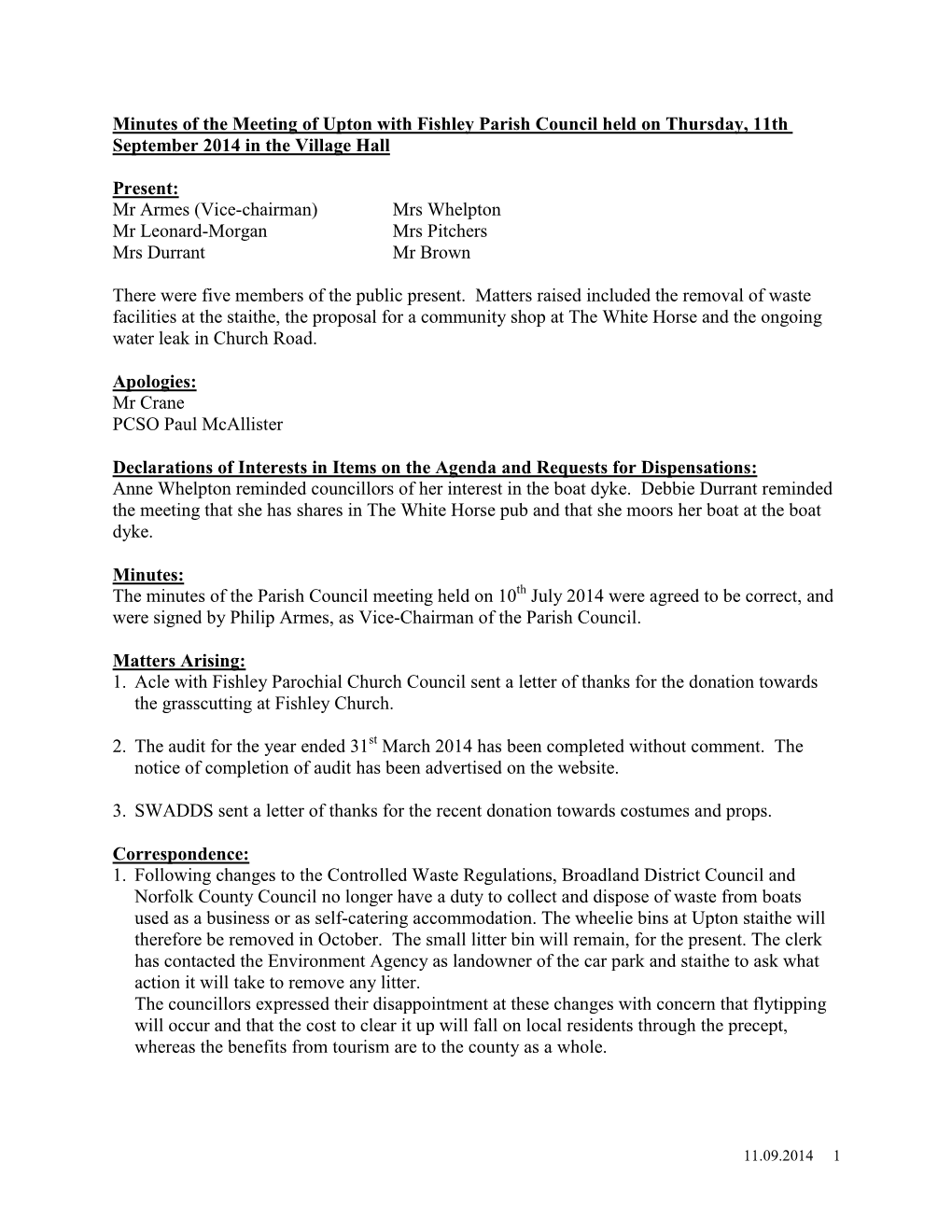 Minutes of the Meeting of Upton with Fishley Parish Council Held on Thursday, 11Th September 2014 in the Village Hall