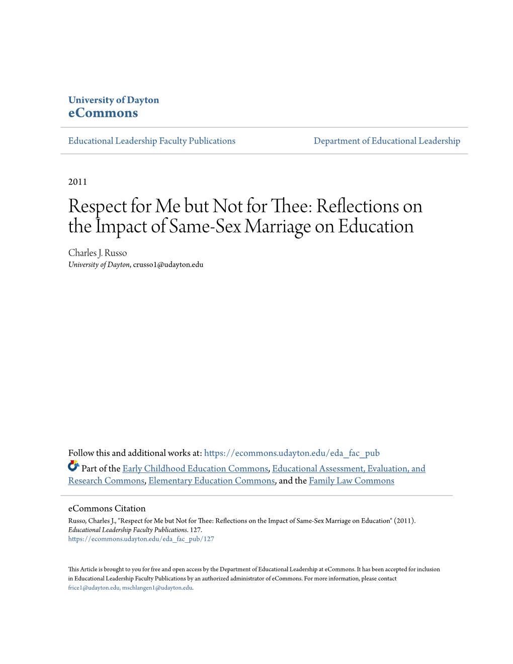 Reflections on the Impact of Same-Sex Marriage on Education Charles J