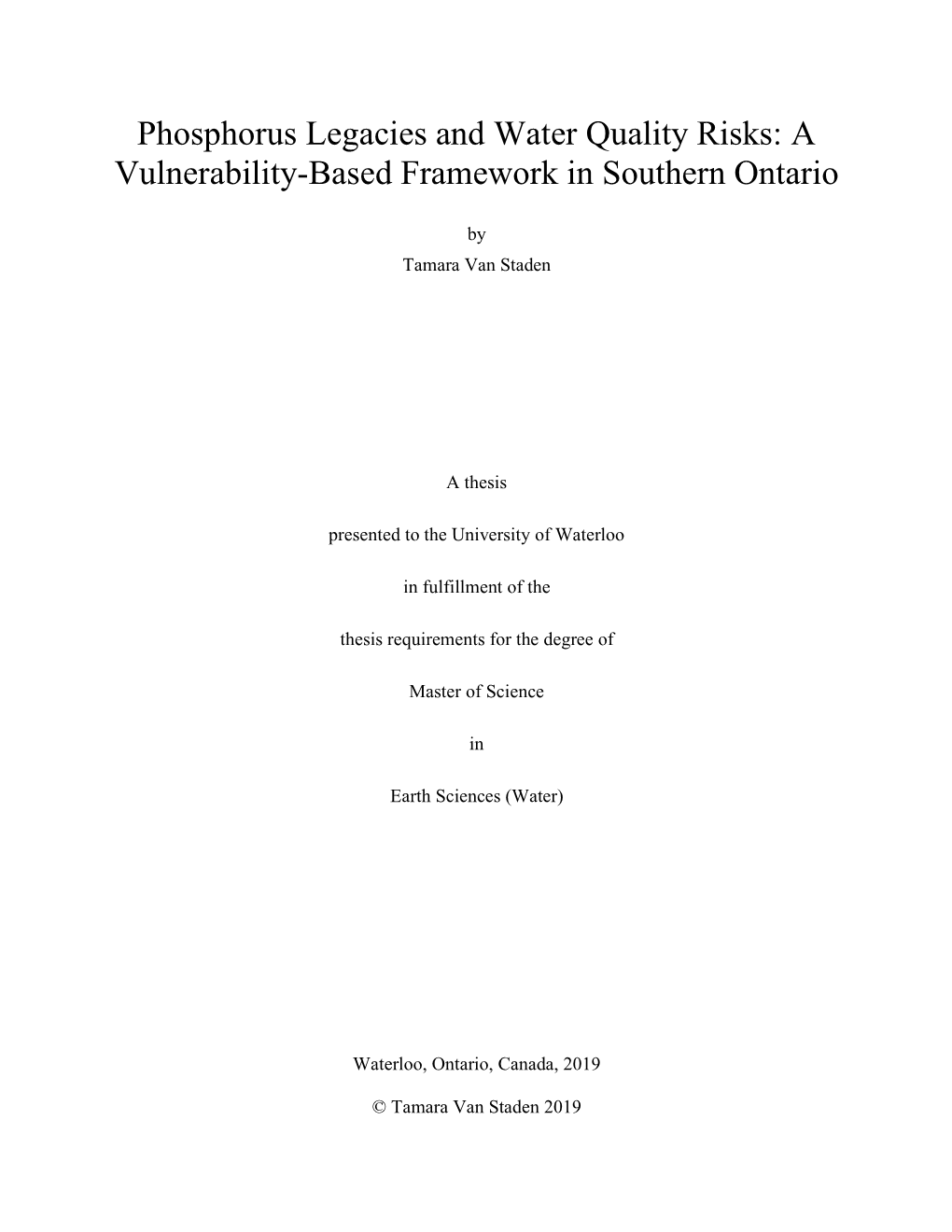 Phosphorus Legacies and Water Quality Risks: a Vulnerability-Based Framework in Southern Ontario