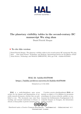 The Planetary Visibility Tables in the Second-Century BC Manuscript Wu Xing Zhan ￿￿￿ Daniel Patrick Morgan