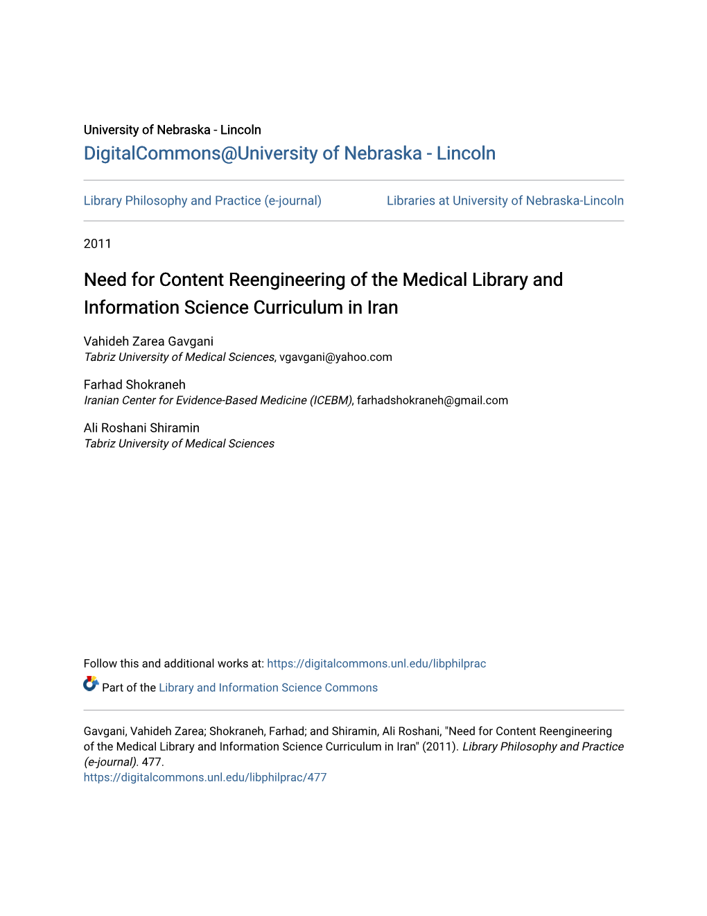 Need for Content Reengineering of the Medical Library and Information Science Curriculum in Iran