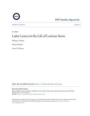 Latter Leaves in the Life of Lorenzo Snow William G