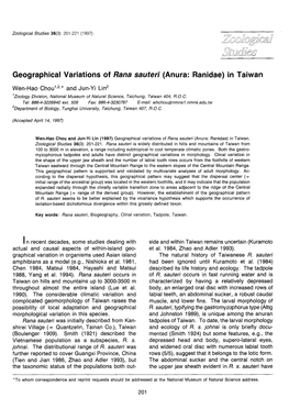 Geographical Variations of Rana Seuterl (Anura: Ranidae) in Taiwan
