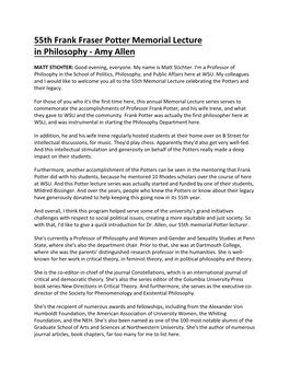 55Th Frank Fraser Potter Memorial Lecture in Philosophy - Amy Allen