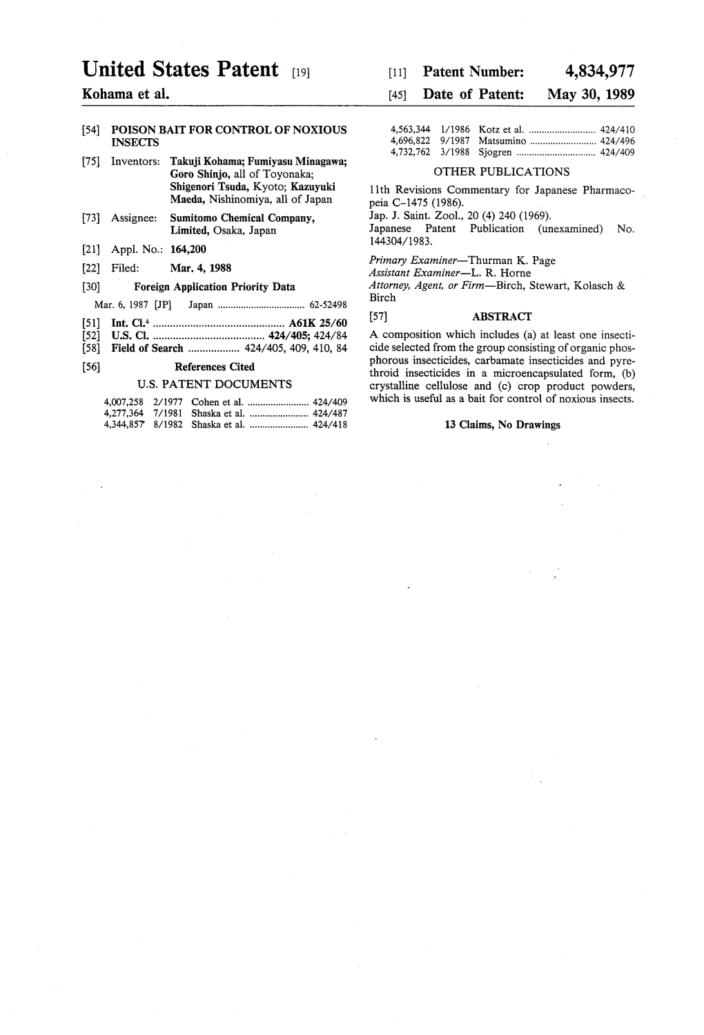 United States Patent (19) 11 Patent Number: 4,834,977 Kohama Et Al