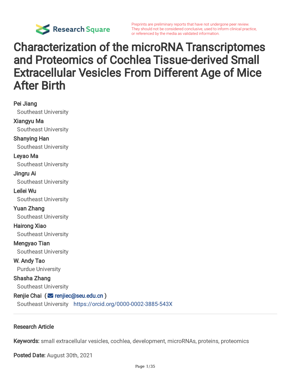 Characterization of the Microrna Transcriptomes and Proteomics of Cochlea Tissue-Derived Small Extracellular Vesicles from Different Age of Mice After Birth