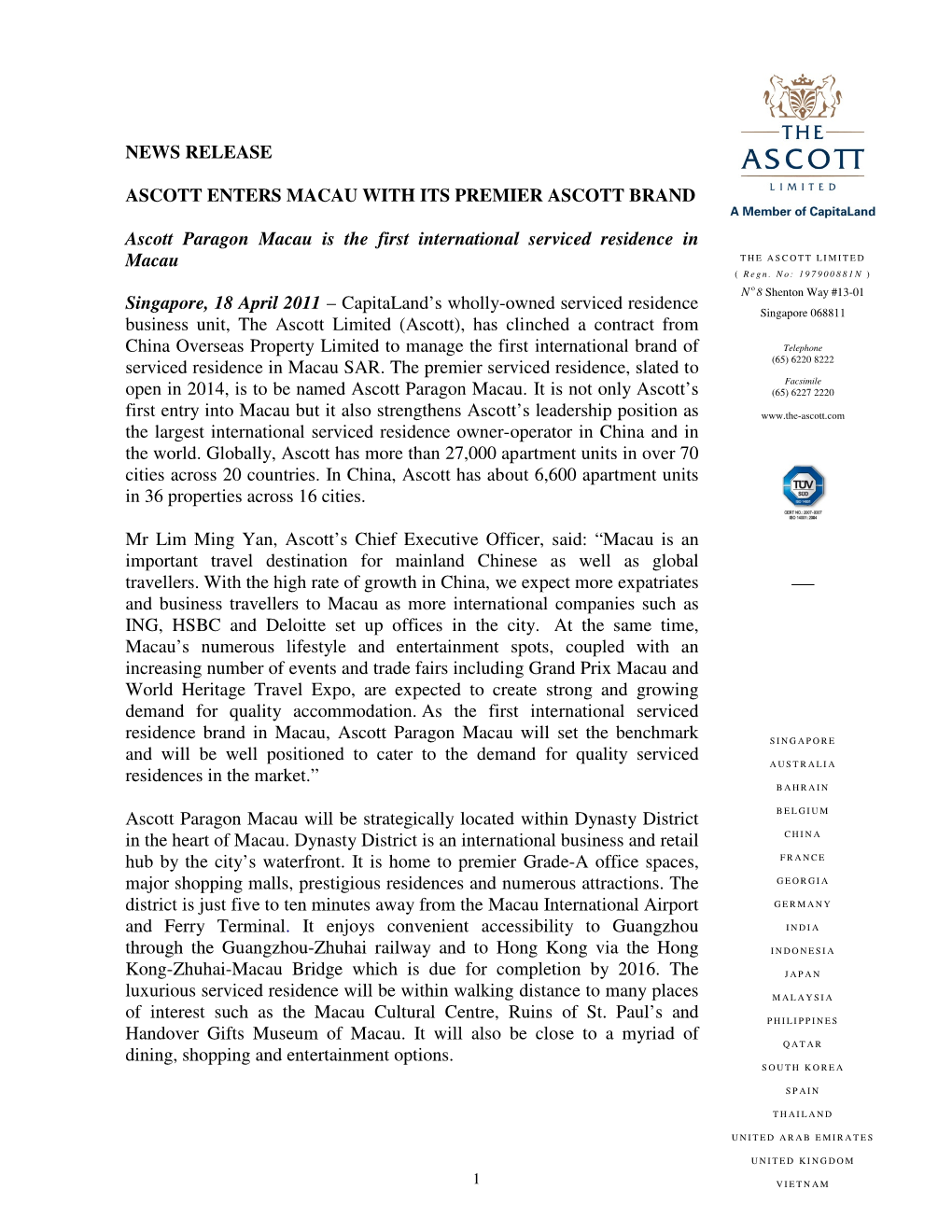 News Release Ascott Enters Macau with Its Premier