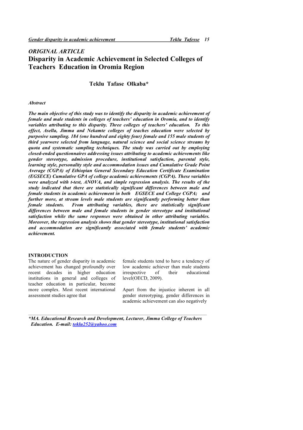 Disparity in Academic Achievement Teklu Tafesse 15