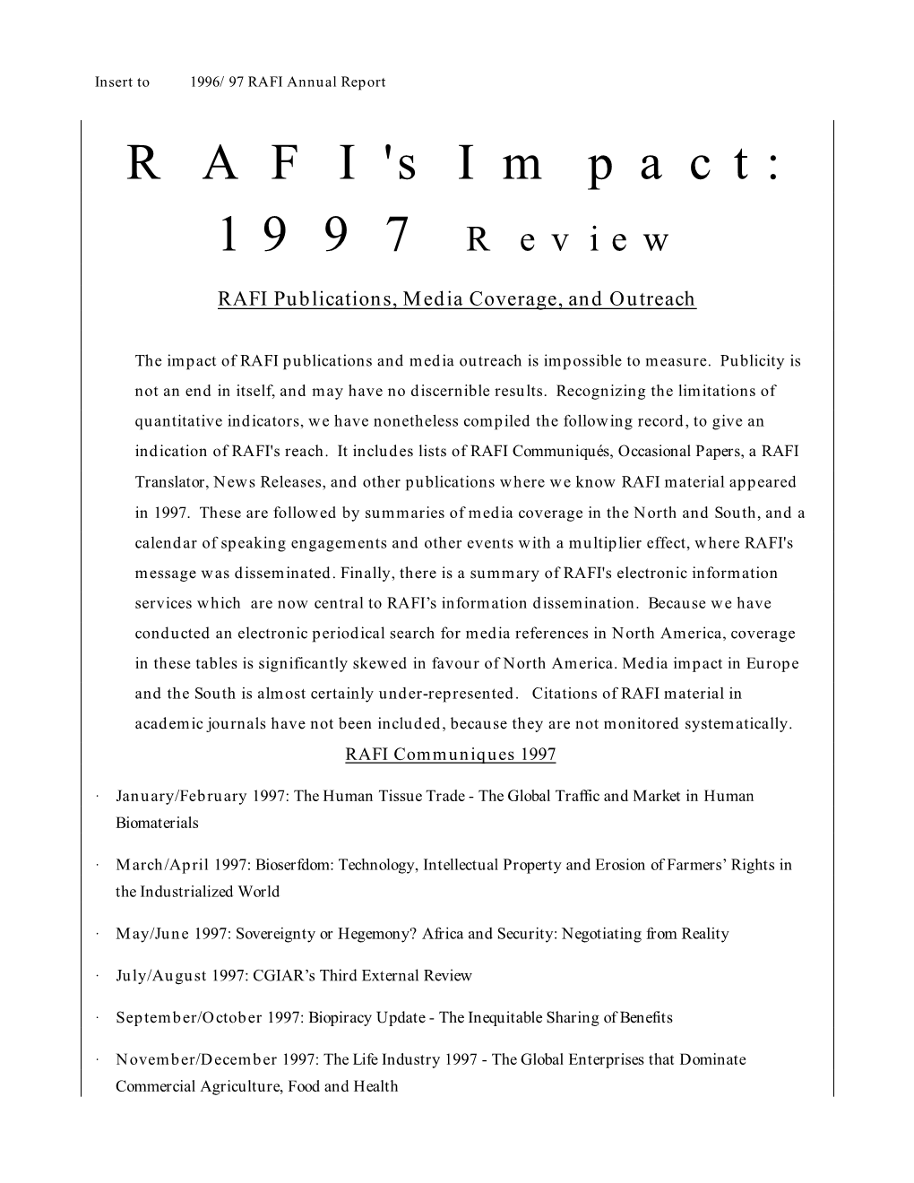 RAFI's Impact: 1997 Review