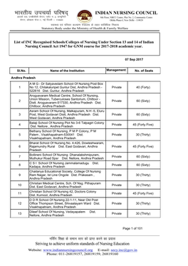 List of INC Recognised Schools/Colleges of Nursing Under Section 13 and 14 of Indian Nursing Council Act 1947 for GNM Course for 2017-2018 Academic Year