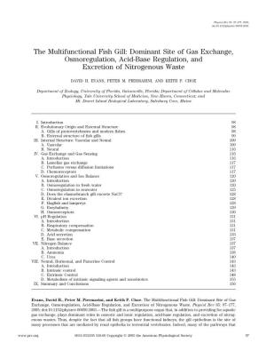 The Multifunctional Fish Gill: Dominant Site of Gas Exchange, Osmoregulation, Acid-Base Regulation, and Excretion of Nitrogenous Waste