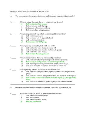 Questions with Answers- Nucleotides & Nucleic Acids A. the Components