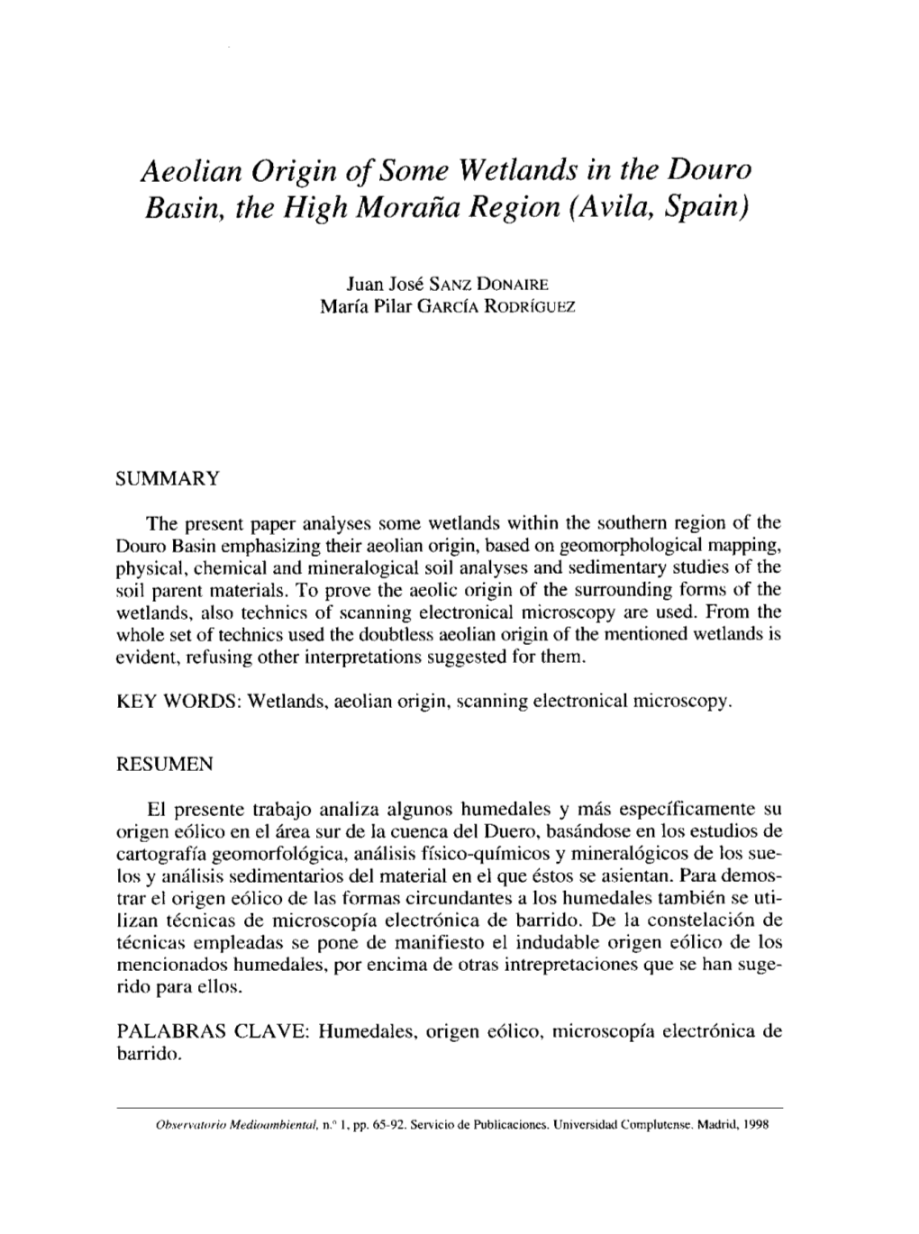 Aeolian Origin Ofsorne Wetlands in the Douro Basin, Rhe High Moraña Region (Avila, Spain)